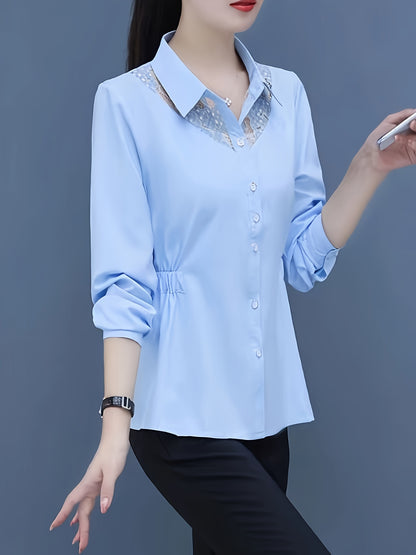 Elegant slim-fit lace stitching button front shirt for office & work.