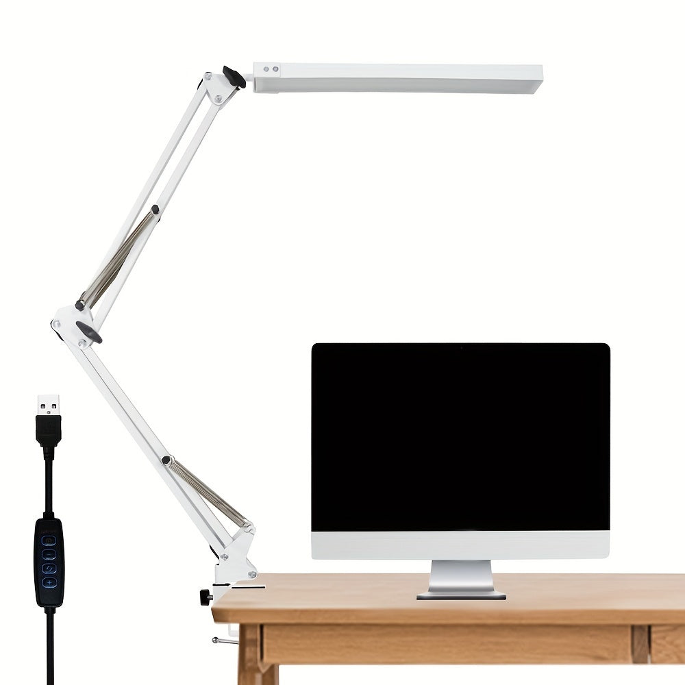 Adjustable LED desk lamp with clip-on base, USB powered, 3 color temperatures & 10 brightness levels. Modern swing arm design for office, reading, and study.