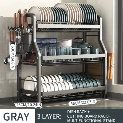 One-piece kitchen dish drying rack with cutting board and utensil holder, easy to install, large capacity, rustproof.