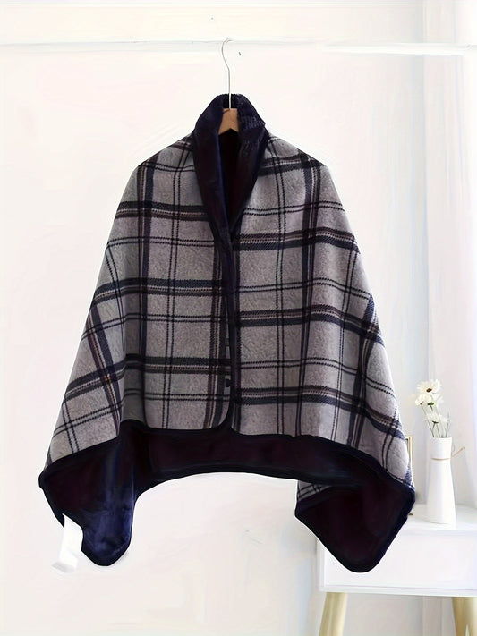 Plaid shawl blanket made of soft polyester, V-neck, sleeveless with buttons. Ideal for autumn and winter warmth, office naps, and air conditioning comfort.