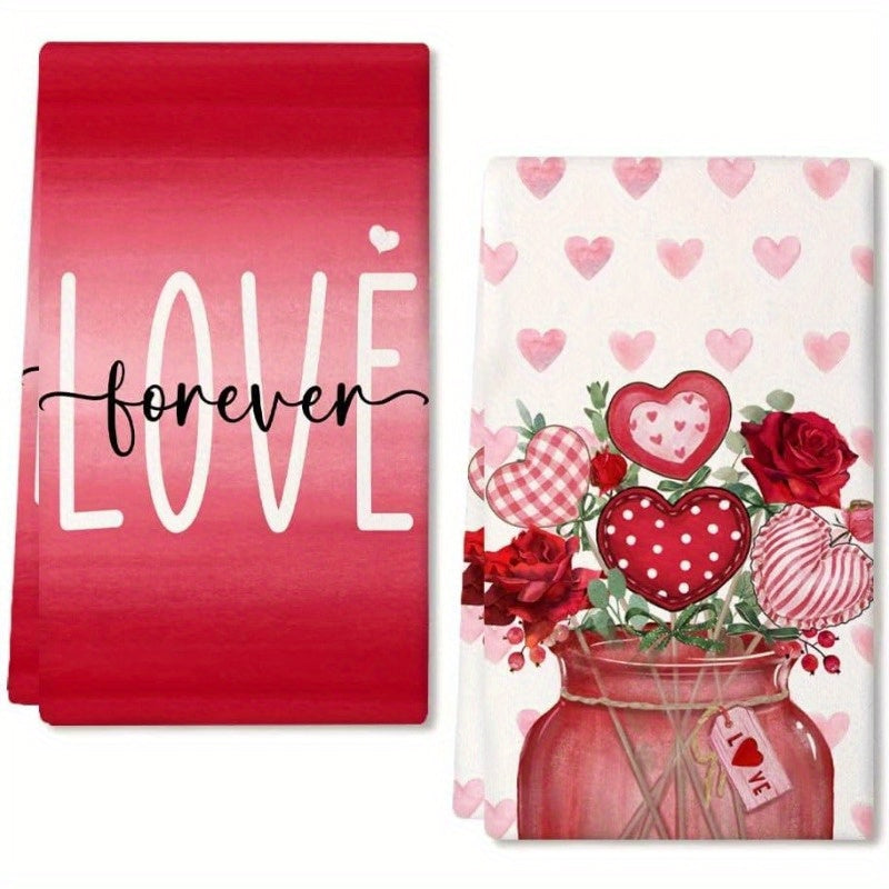 Enhance your kitchen decor with this set of 2 kitchen towels, each measuring 18 by 66.04 cm. These towels are perfect for celebrating Valentine's Day and Mother's Day, featuring a beautiful pink rose love vase design. Ideal for drying dishes and adding a