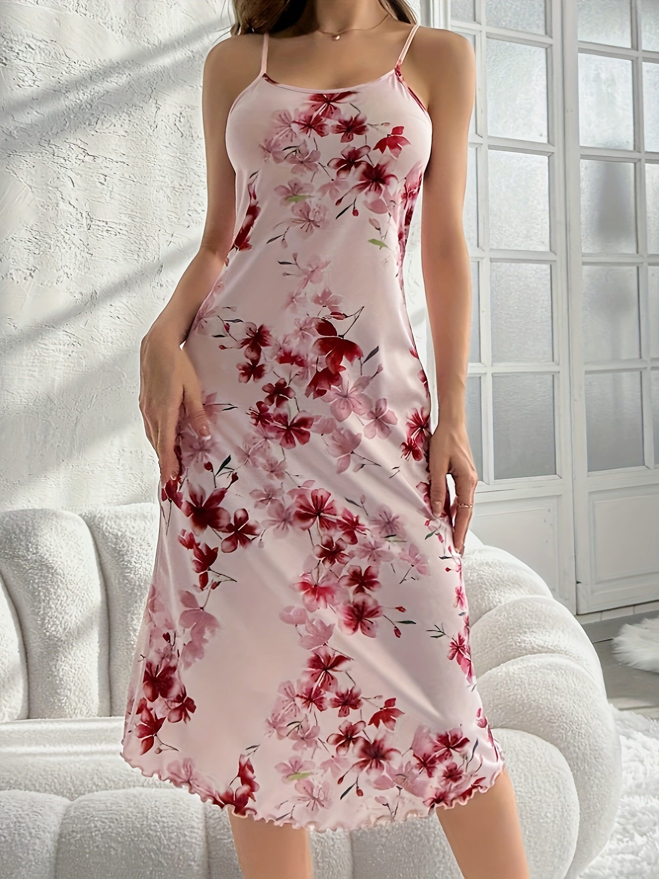 Floral print slip nightdress with lettuce trim, backless design, perfect for lounging and sleeping.