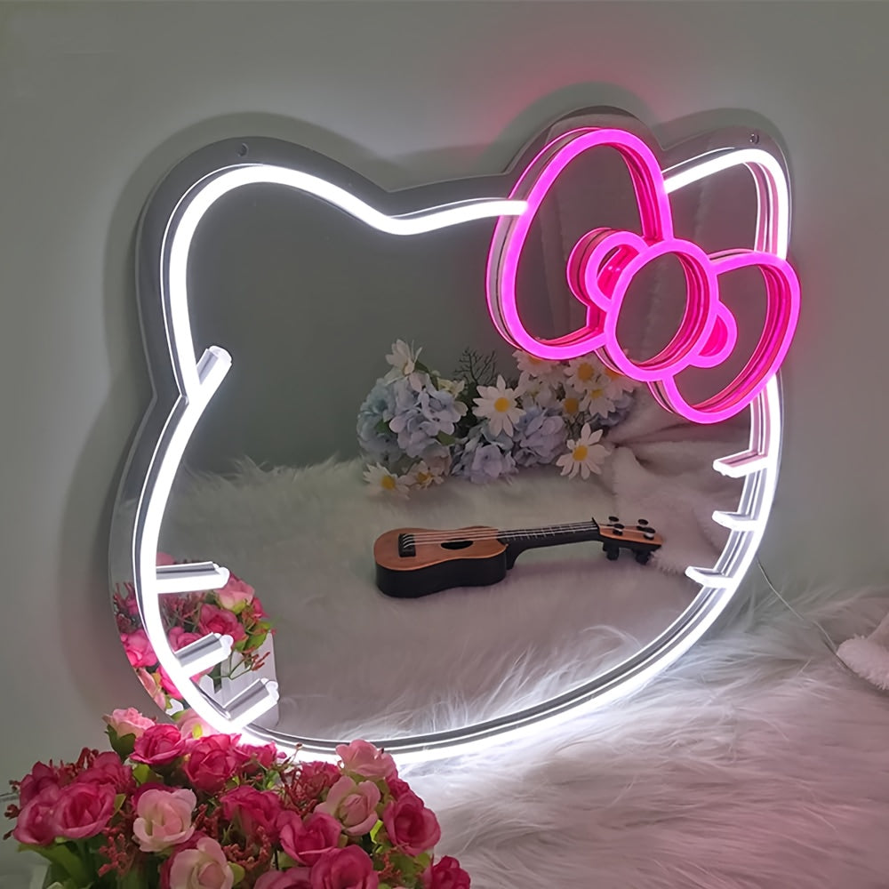 1pc USB-powered Hello Kitty Cartoon Oval LED Neon Light Mirror with dimmable plastic frame for various rooms - Glowing decor.