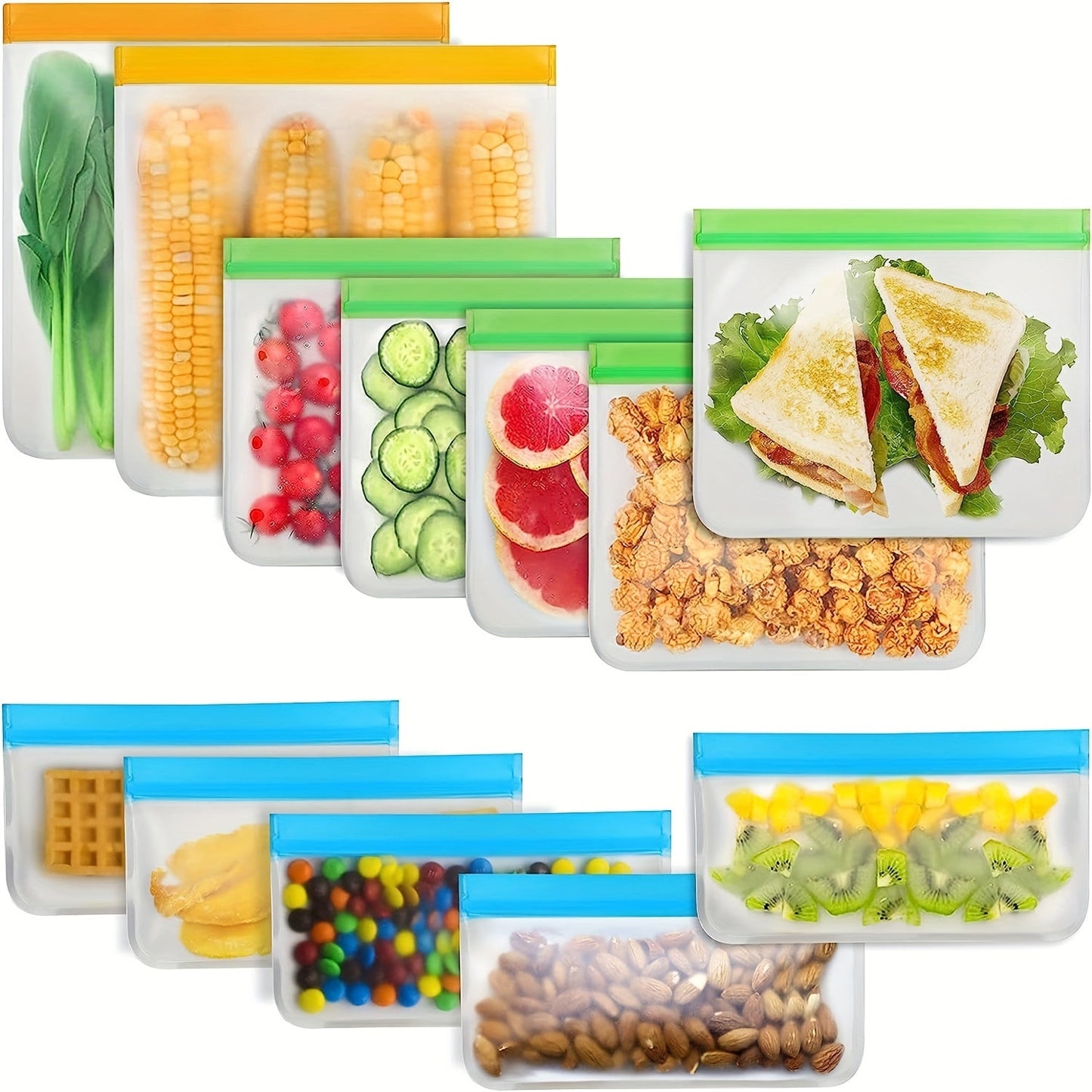 12 pieces of BPA-free reusable gallon-sized food storage bags with a super thick leak-proof design made of silicone and plastic. Perfect for storing meat, grains, sandwiches, snacks, travel essentials, and organizing your family's home kitchen supplies.