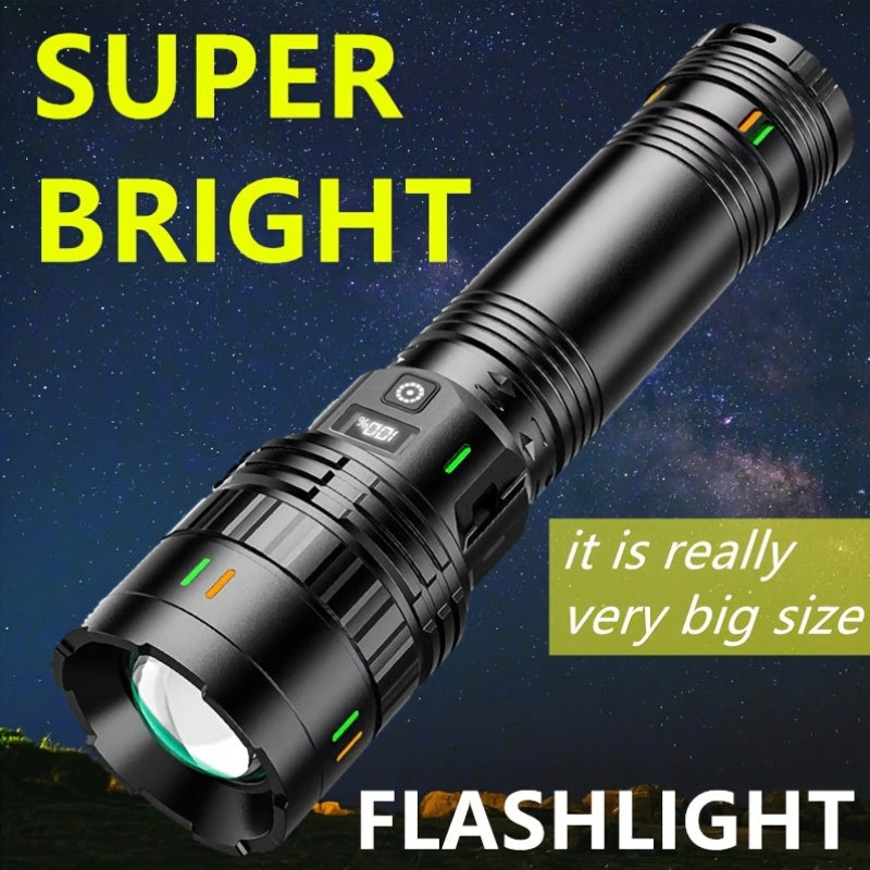 Ultra bright LED flashlight with 1000 lumens, 4 modes, 200m range, and adjustable beam. Includes a 3600mAh lithium battery that is USB Type-C rechargeable. Made of ABS material and suitable