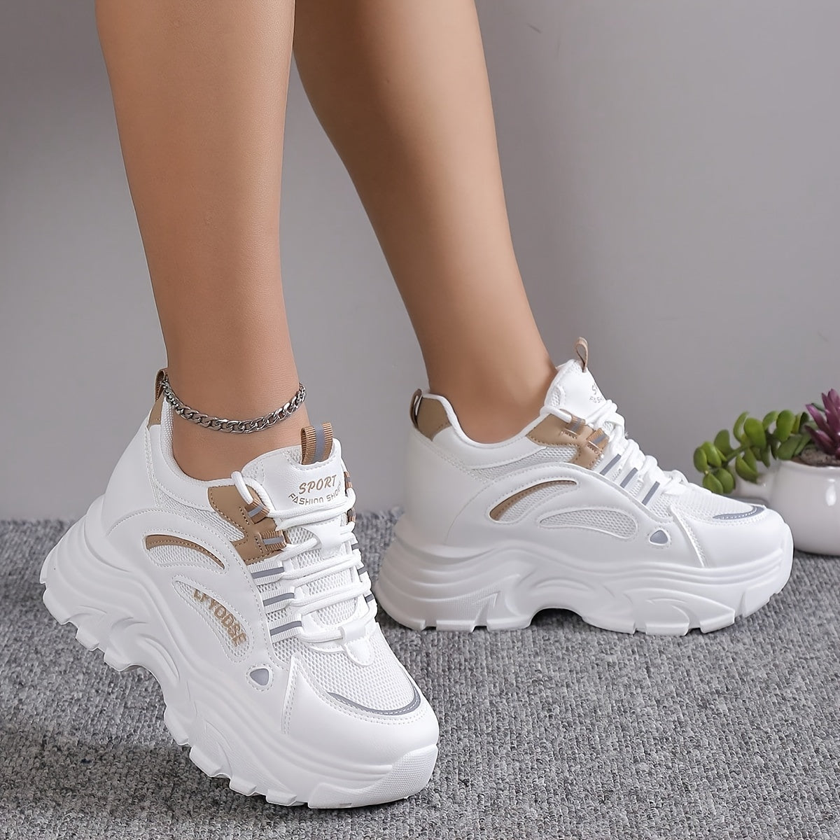 Chunky sneakers with breathable mesh and height increase for women, trendy walking shoes.