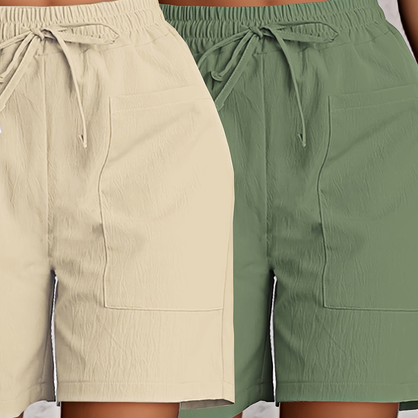 2-Pack of Women's breathable cargo shorts in solid colors. Made of lightweight polyester with dual pockets and drawstring detail. All-season fashion.