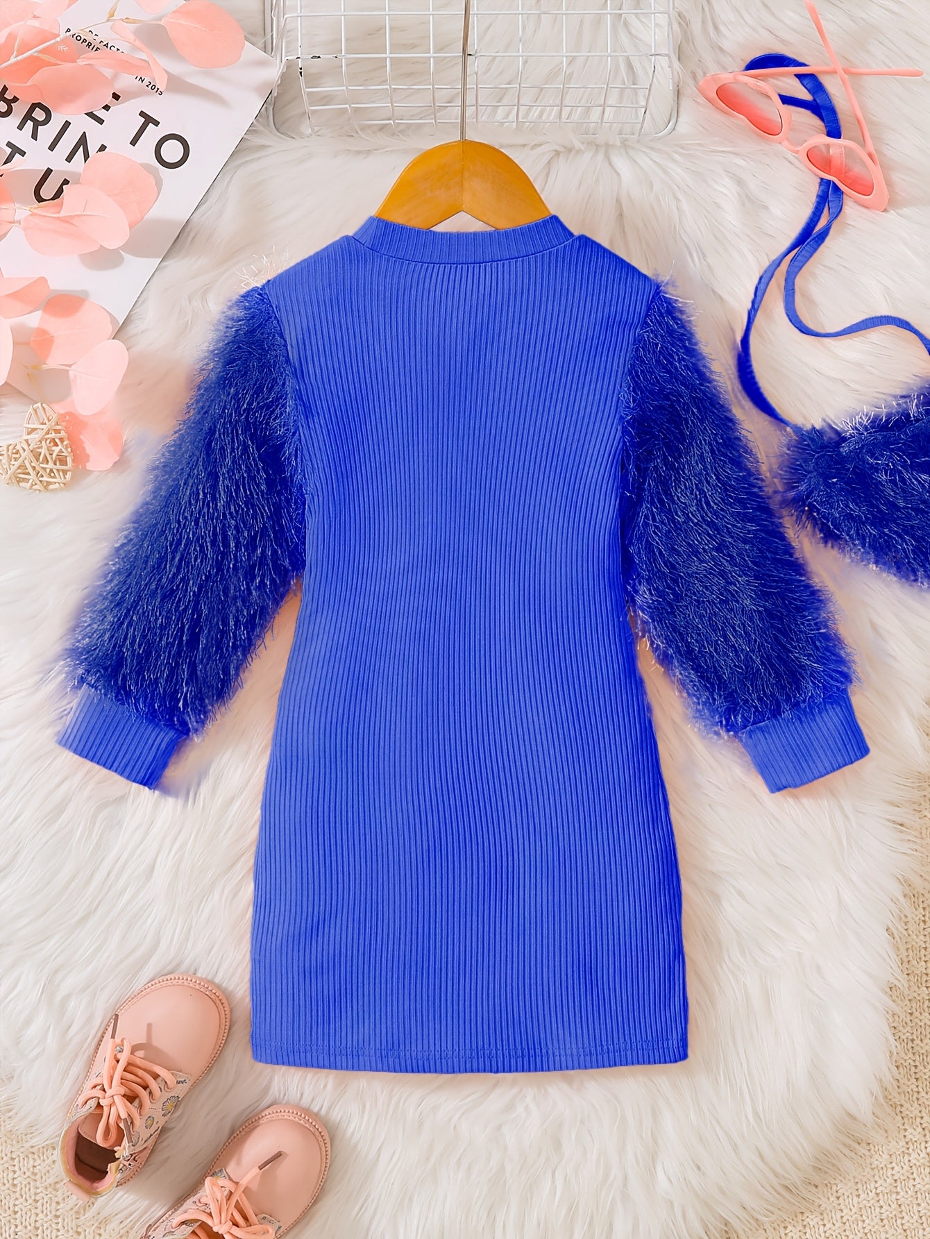 Pink tassel sleeve dress with bag detail for girls in casual spring and autumn style.