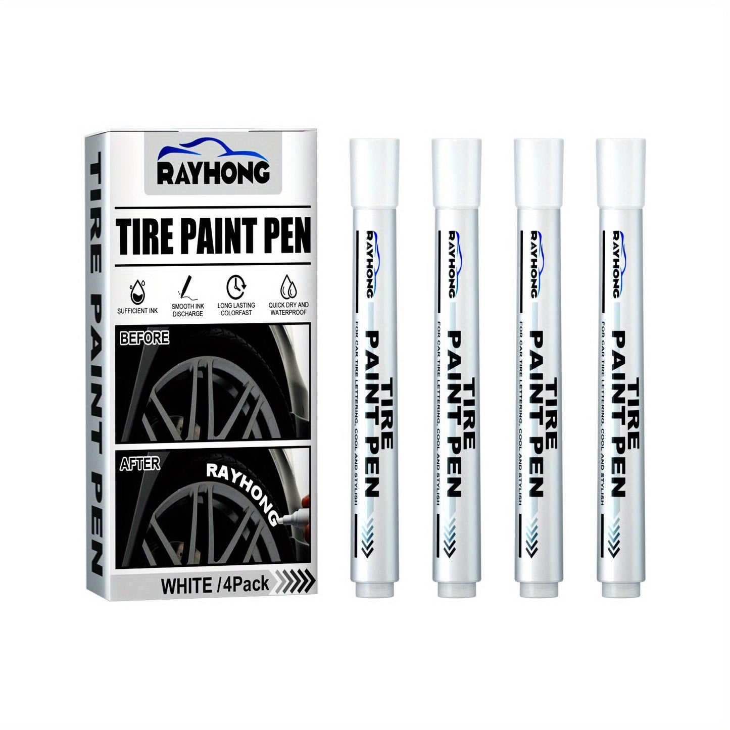 Set of 4 Tire Paint Pens for customizing your car's tires, perfect for adding letters or designs. This versatile tool is ideal for decoration and modification projects, making it a must-have for graffiti artists and DIY enthusiasts. Stay on-trend with