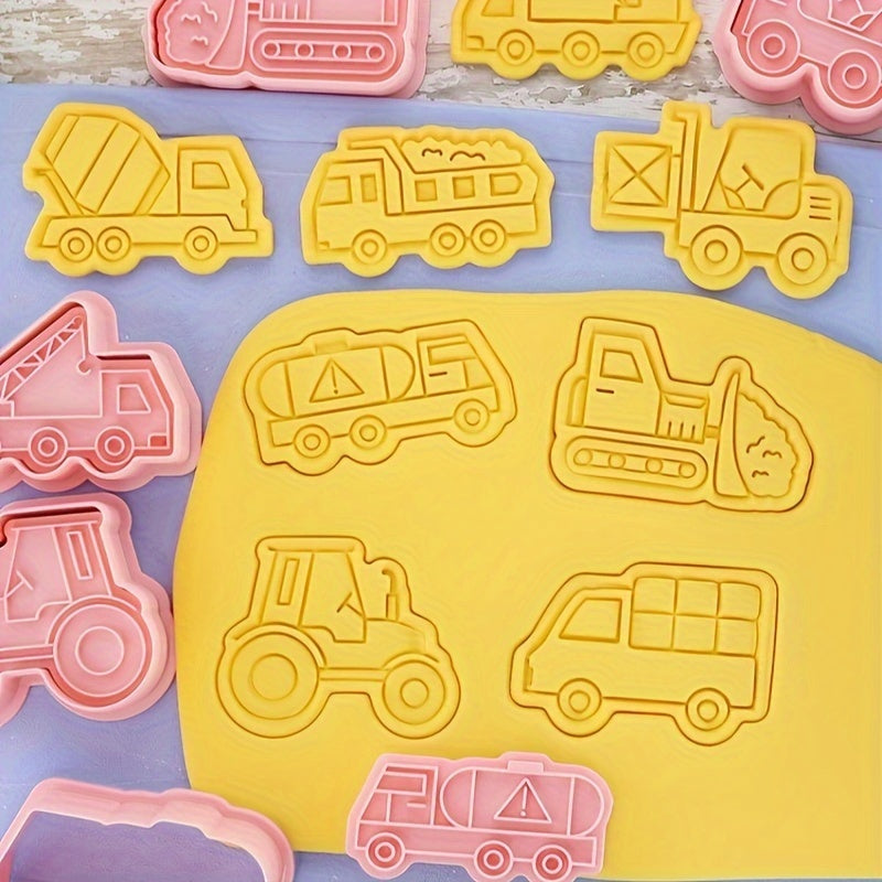 Set of 8 Construction Vehicles Cookie Cutters with Engineering Cookie Embosser, Pastry Cutter Set, Biscuit Molds, Baking Tools, and Kitchen Accessories.