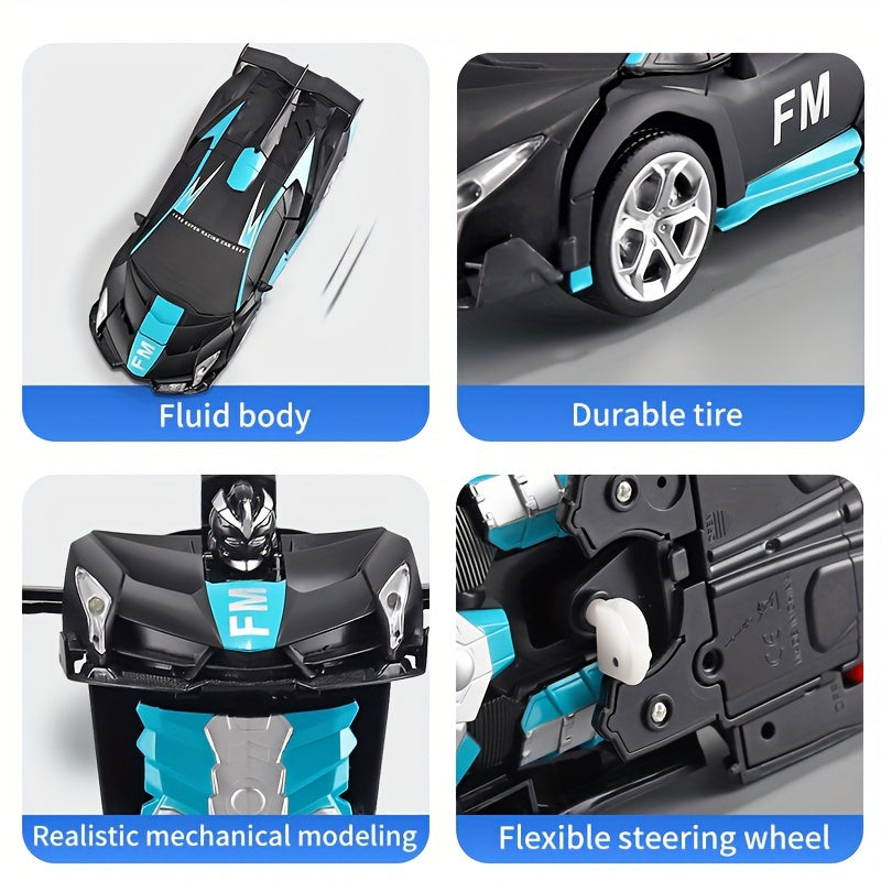 Remote control car transforms into robot, drifts 360°, with dynamic lights and USB rechargeable battery. Black and blue sports car design, great for outdoor play. Ideal birthday or holiday