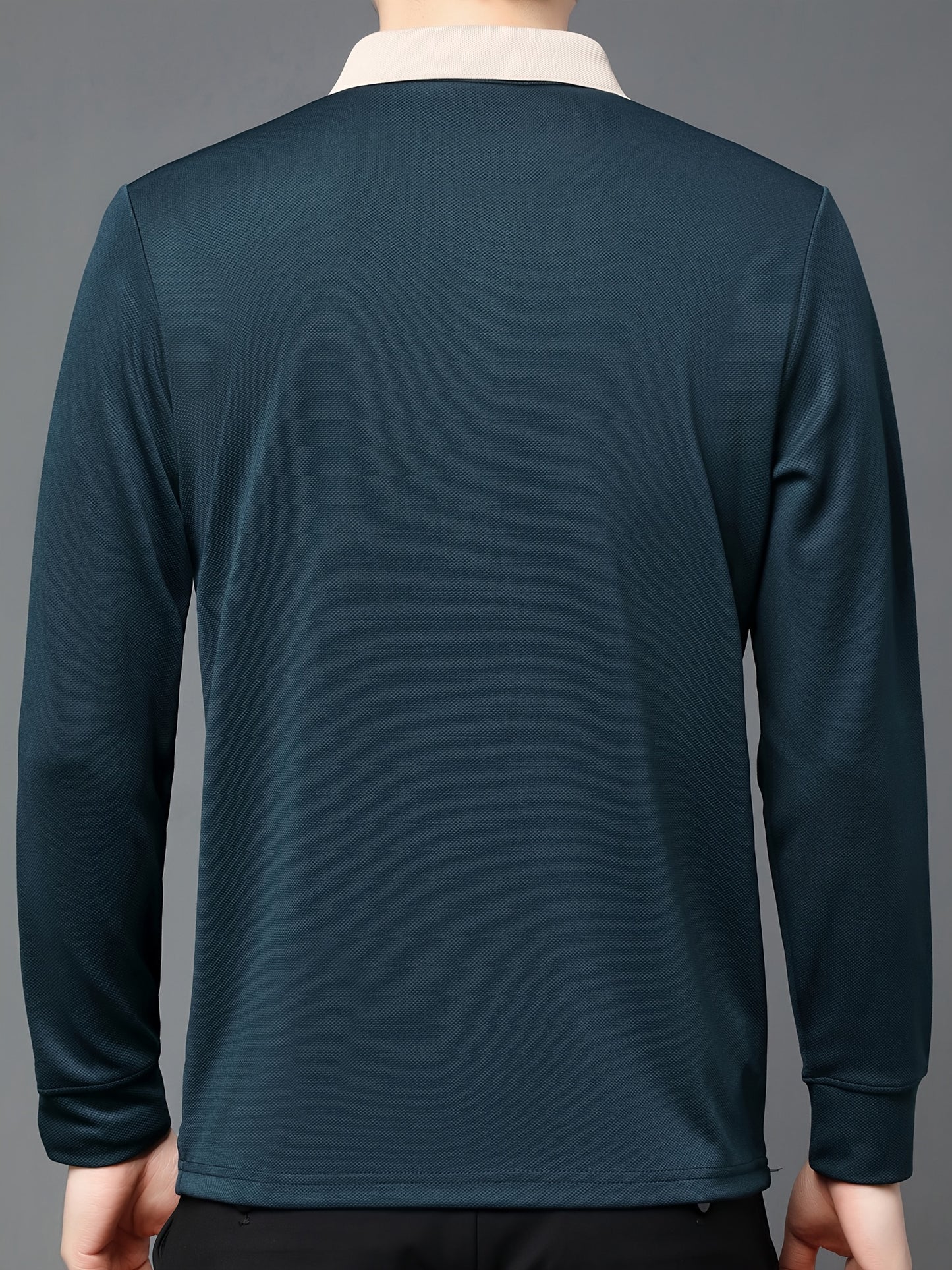 Men's casual business style long sleeve polo shirt made of 95% polyester and 5% spandex. Features a solid color, slight stretch fabric, regular fit with button detailing, and half placket.