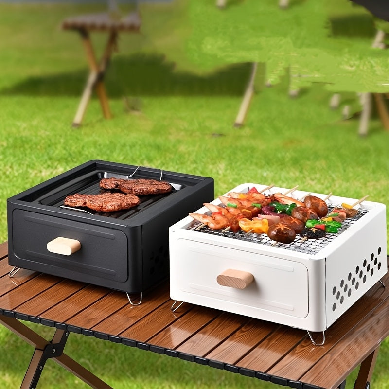 Square portable indoor barbecue grill set made of durable metal materials, with detachable legs and cooking rack, featuring an ash pan. Lighter not included. Ideal for home use.