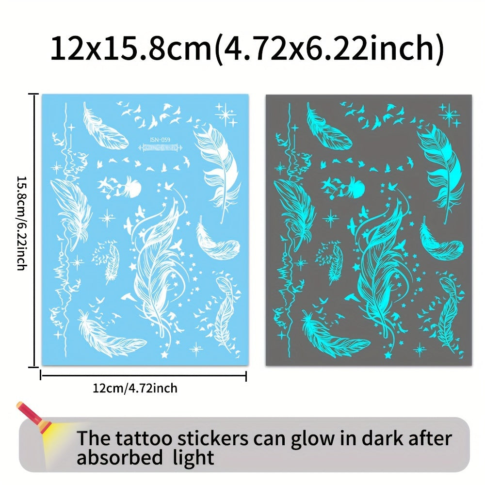 Blue luminous feather and snake tattoo stickers for women and girls, featuring white design. Fake bracelet, necklace, and face, chest, arm, hand, and finger tattoos that glow in the dark.