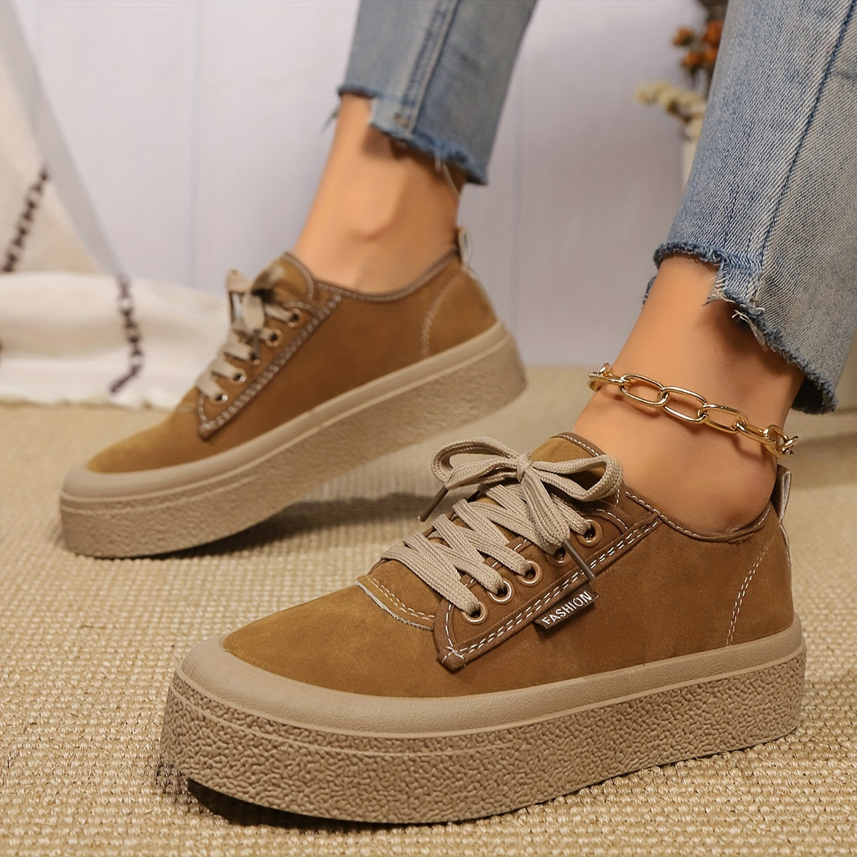 Chunky platform sneakers for women with summer canvas fabric, lace-up design, solid color, rubber sole, and non-washable.