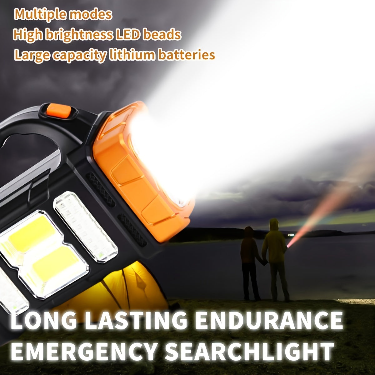 Solar rechargeable flashlight with 1500mAh nickel battery, USB charging, detachable plastic shade, push button control, and emergency lighting for camping and fishing.