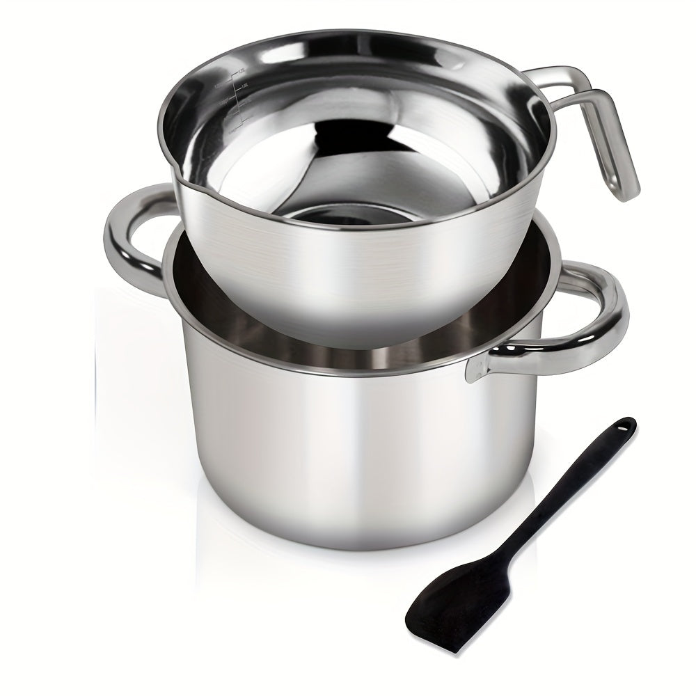 Get two pots for melting different substances: a 1250ML/1.1QT mixing bowl for chocolate and a 2200ML/2QT 304 stainless steel pot with a silicone spatula for melting chocolate, candy, candles, soap, wax, and other cookware needs.