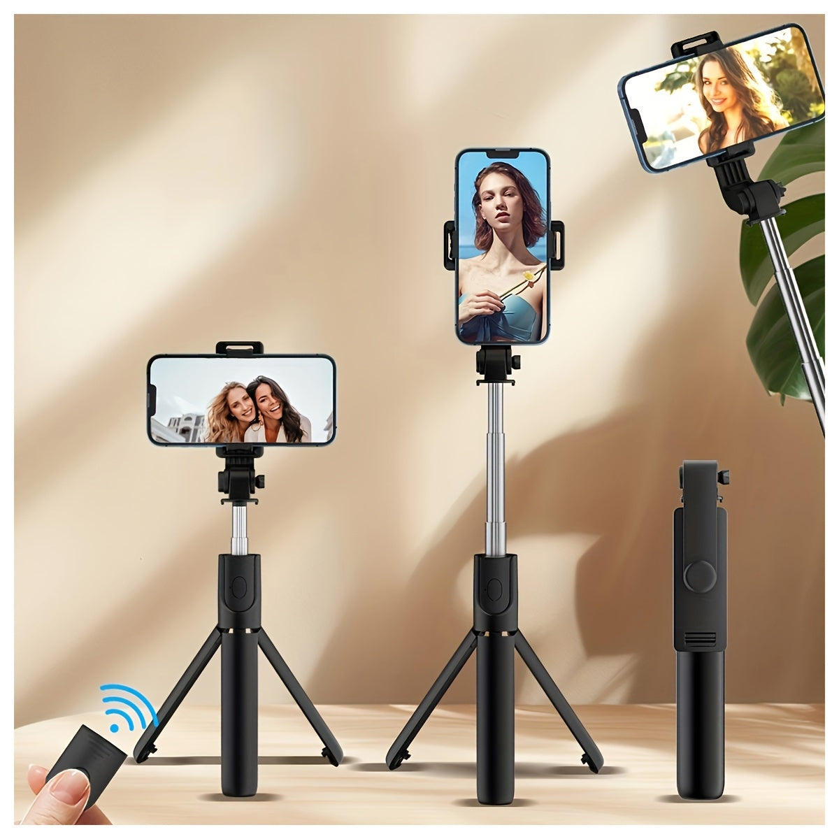 Multi-purpose wireless selfie stick with tripod, remote control, phone holder, and live streaming capabilities, perfect for travel and taking photos.