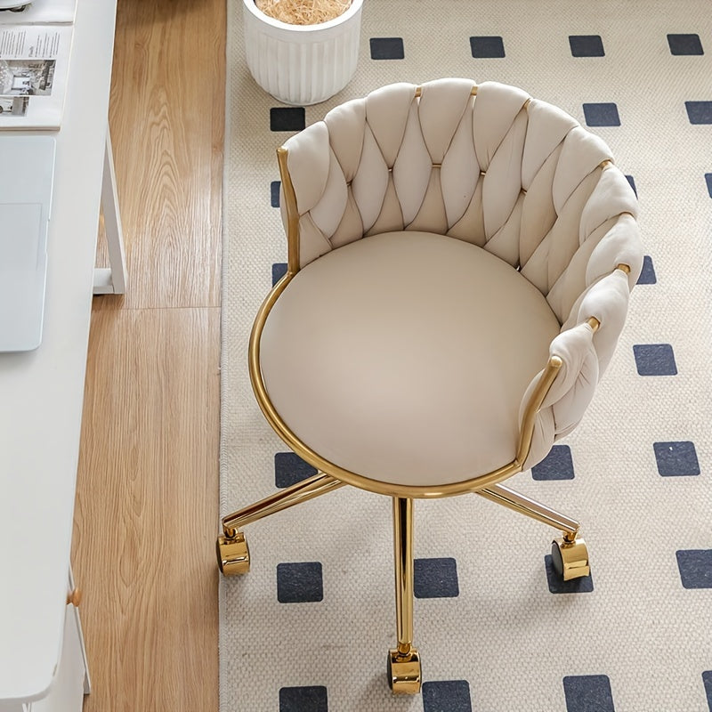 Golden Velvet Swivel Vanity Chair with Woven Backrest - Adjustable Height, 360° Rotation, 5-Wheel Base for Smooth Rolling, Cream Upholstery, Ideal for Home Office, Dressing Table, Salon