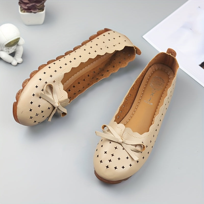 Stylish Womens Bowknot Flat Shoes with Breathable Hollow Out Design for Comfortable All-Day Wear.