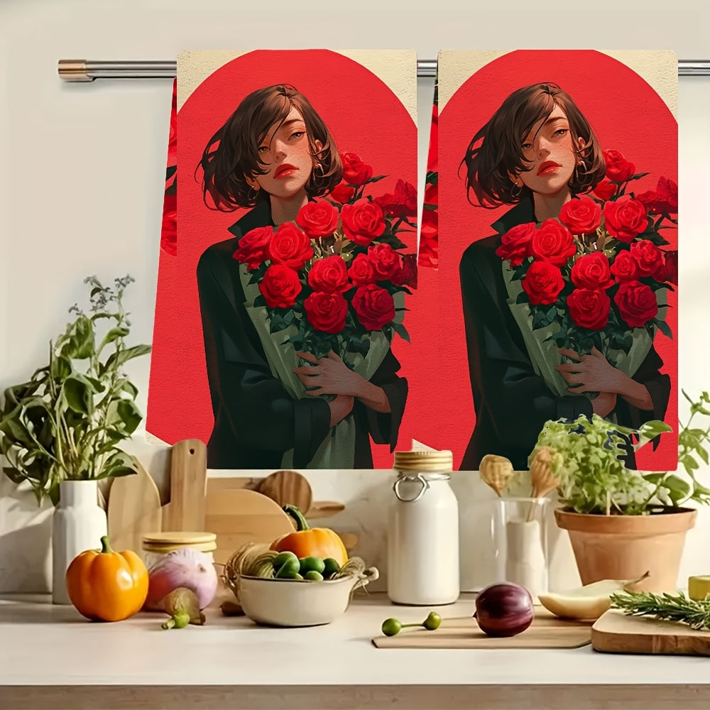 This set includes 2 luxurious kitchen towels adorned with a beautiful rose bouquet symbolizing my heartfelt affection. They are highly absorbent dish and hand towels that are ideal for holiday décor. They are also machine washable, measuring 40.64X60.96