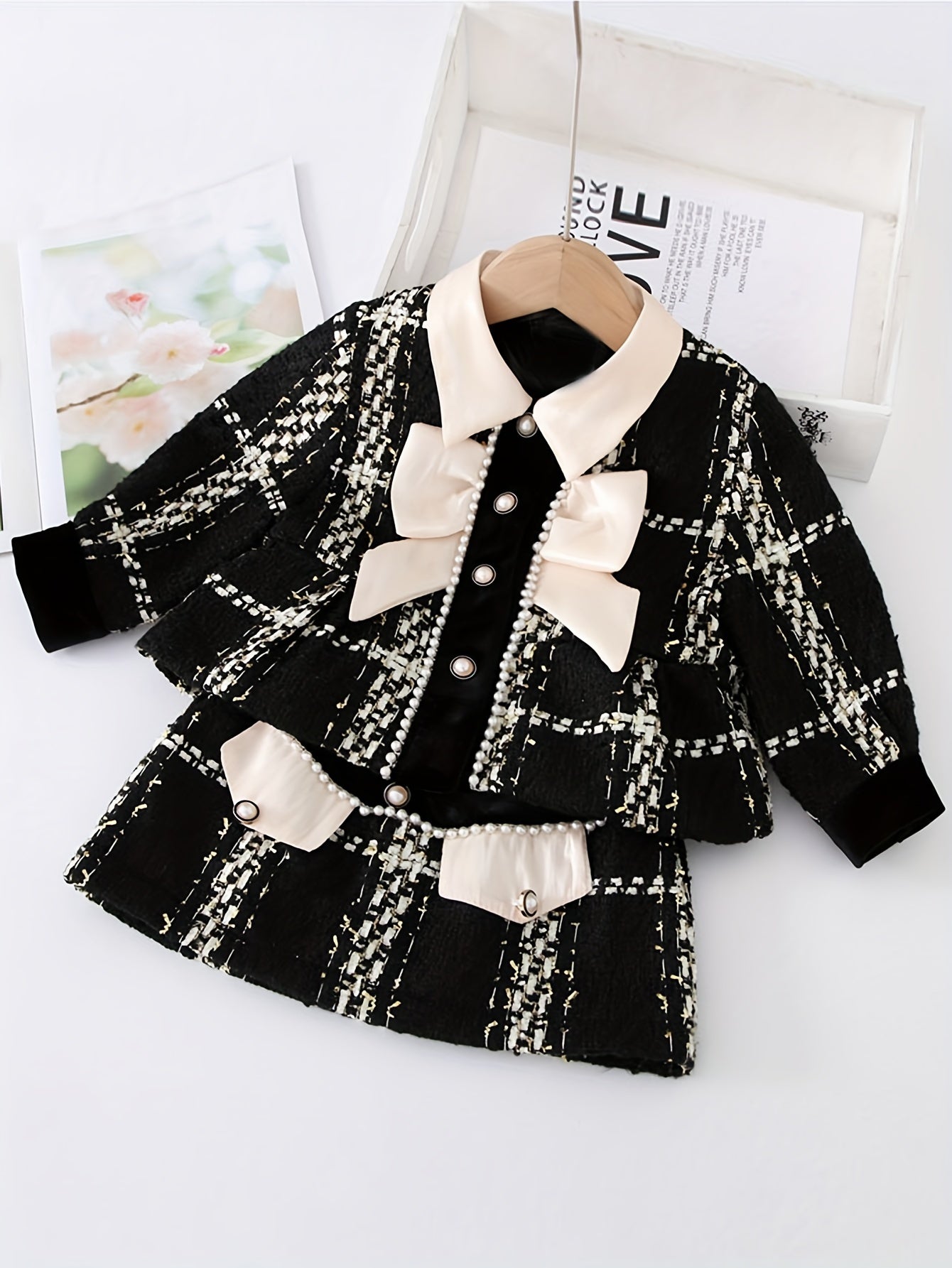 Elegant 2pcs Bow Decor Long Sleeve Jacket + Skirt Set for Spring/Fall Activities, Birthday Gift