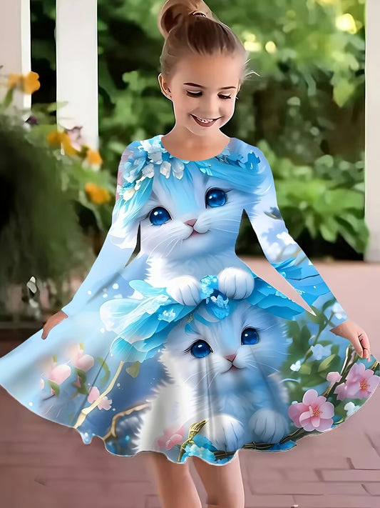 Cute long-sleeve dress for girls with kitty and floral design. Made of lightweight polyester, ideal for spring and fall events. Available in light green, navy blue, and sky blue.