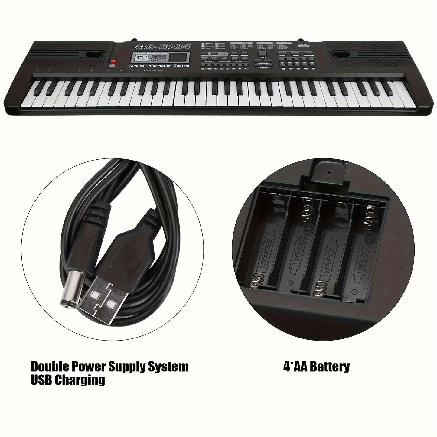 61-key kids electronic keyboard with interactive learning, microphone, ideal for children ages 3-12. Black, batteries not included.