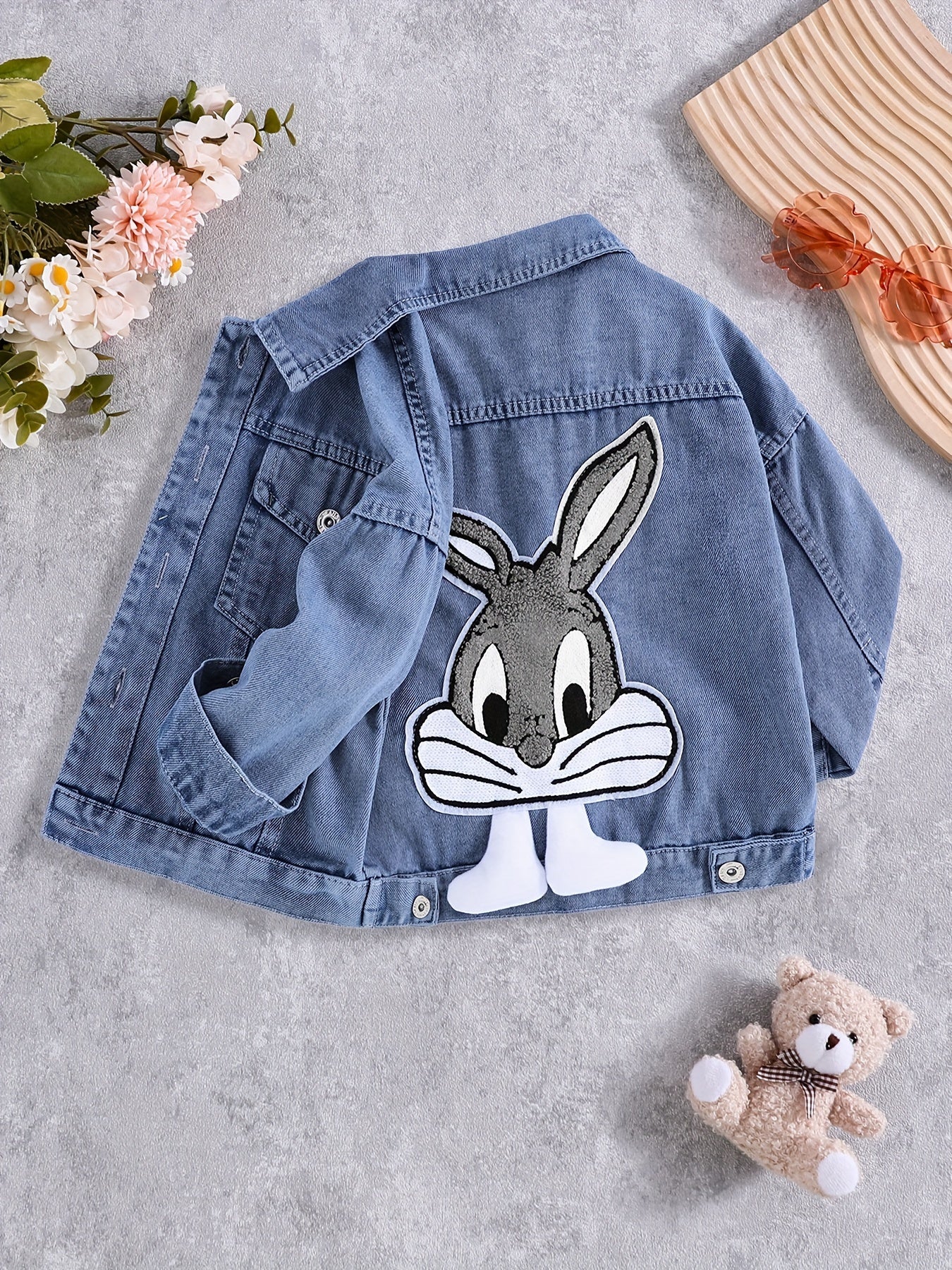 Rabbit embroidered denim jacket for girls, featuring drop shoulder lapel collar, button closure, and animal pattern on non-stretch fabric. Regular fit perfect for fall/winter.