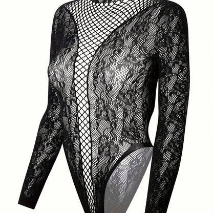 Sophisticated black lace bodysuit with fishnet detail, high neck, and long sleeves. Made of stretchy nylon fabric, hand washable. Sexy lingerie set for women.