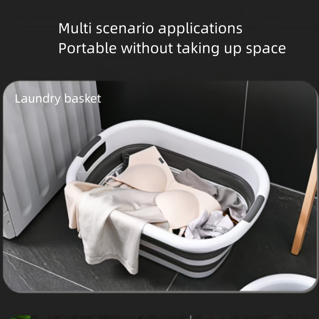 Foldable laundry basin with 3 handles, ideal for home and outdoor use, can be used for clothes, toys, and pet bathing.