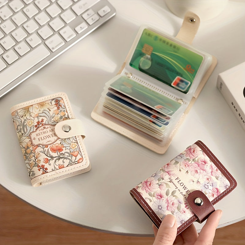 Compact floral credit card holder with delicate design, multiple card slots, and large capacity for driver's license, business cards, and documents.