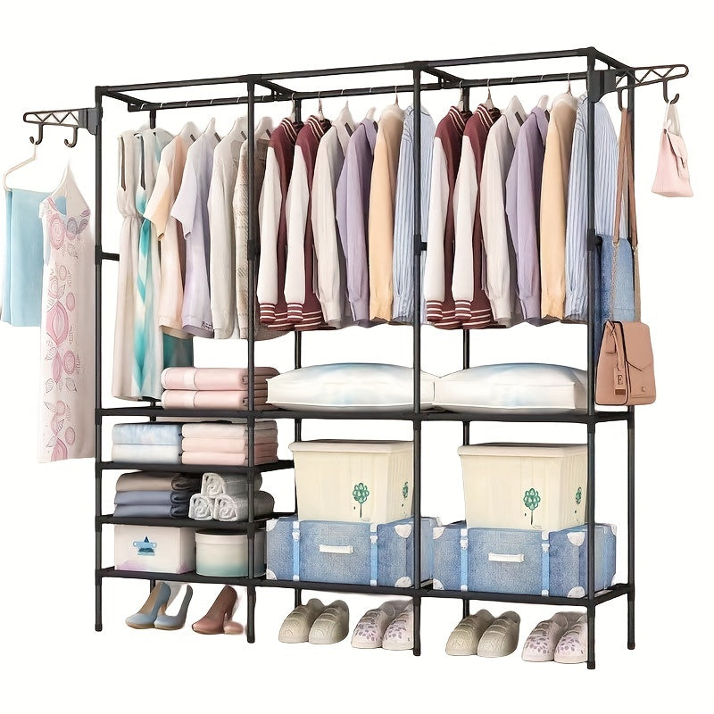 Large Capacity, Freestanding 3/4-Row Carbon Steel Coat Rack with Shoe and Storage Shelves for Bedroom and Living Room Organization - Versatile Option