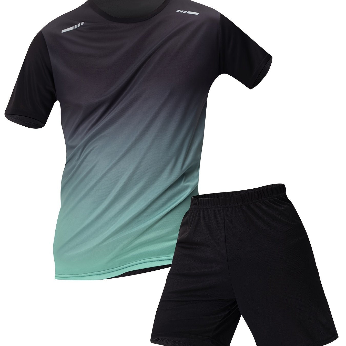 Men's 2-piece sportswear set with short sleeve top and shorts in gradient color, breathable and quick dry, regular fit.