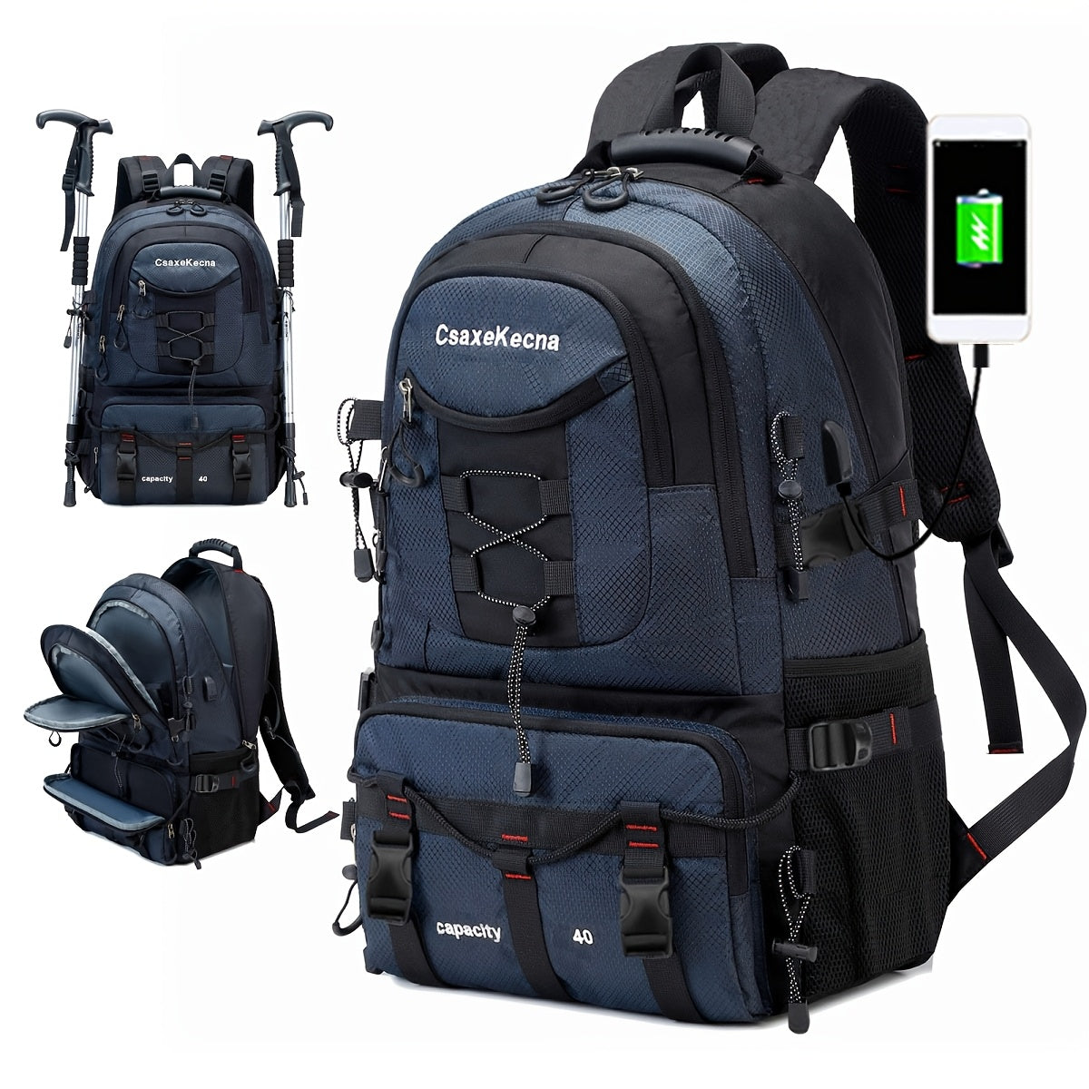 Durable polyester backpack with USB charging port, fits 17-inch laptop, ideal for hiking, camping, and travel.