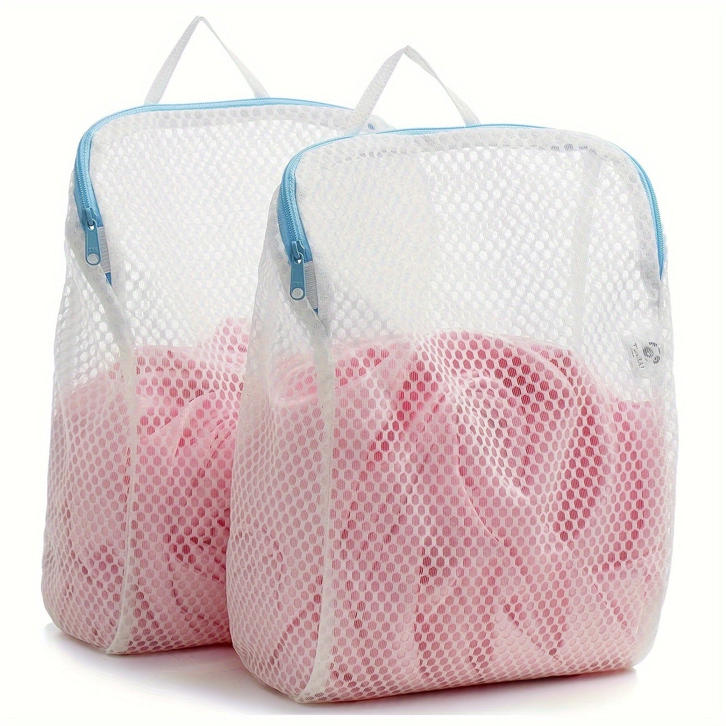 Honeycomb Mesh Laundry Bags, Set of 2 with Blue Handles - Size 30.48x20.32 cm. Made from Durable Polyester, perfect for washing delicate items such as socks, lingerie, and travel garments. Features a Zippered Non-Woven Fabric for easy machine washing. A