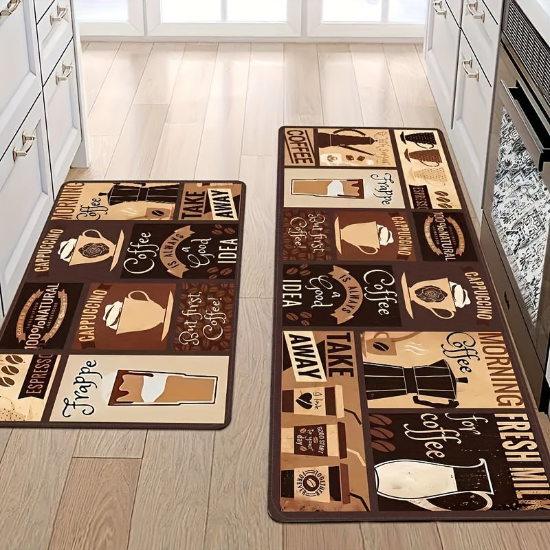 Vintage Coffee-Themed Non-Slip Kitchen Rug Set of 3, Machine Washable Polyester Mats, Waterproof Floor Mats - Perfect Christmas Gift for Home, Office, Laundry Room