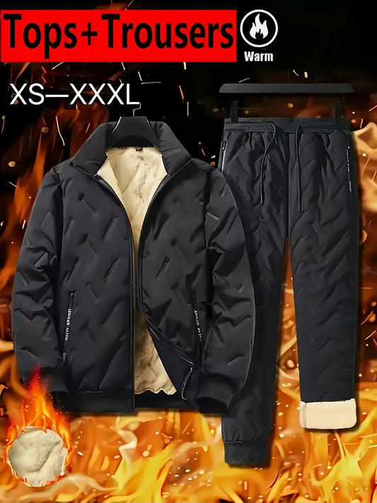 Men's casual sportswear set featuring velvet-lined polyester with stand collar, pockets, long sleeve zip-up jacket, and joggers for fall/winter season.