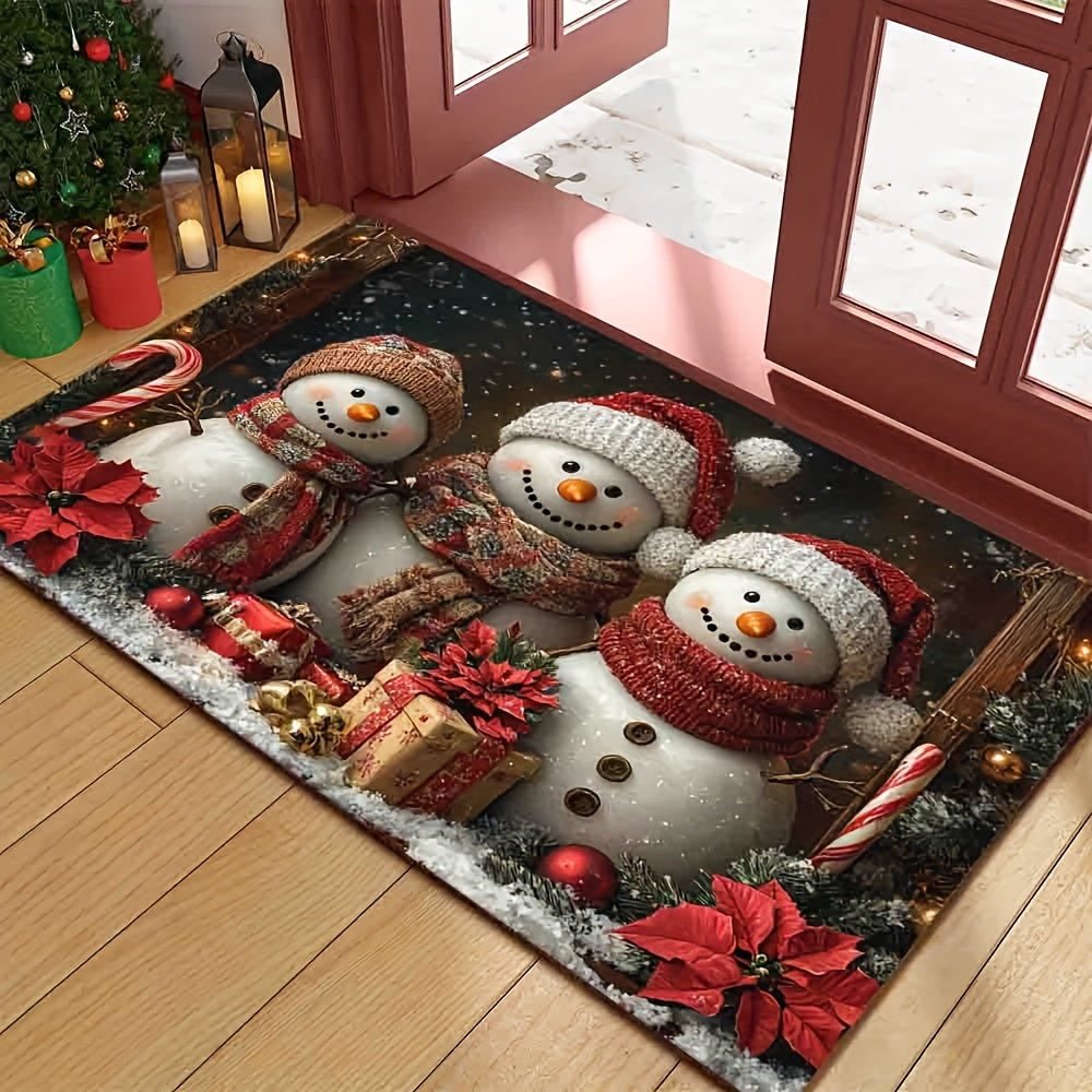 Get into the holiday spirit with our Festive Snowman Welcome Doormat! Made with non-slip, washable polyester, this Christmas floor mat features a vibrant snowmen and poinsettia design that is ideal for doorways, living rooms, bathrooms, and balconies.