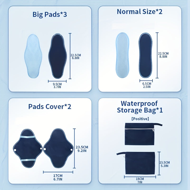 8 reusable blue polar fleece menstrual pads for daily use, waterproof and washable. Suitable for periods and as a panty liner.