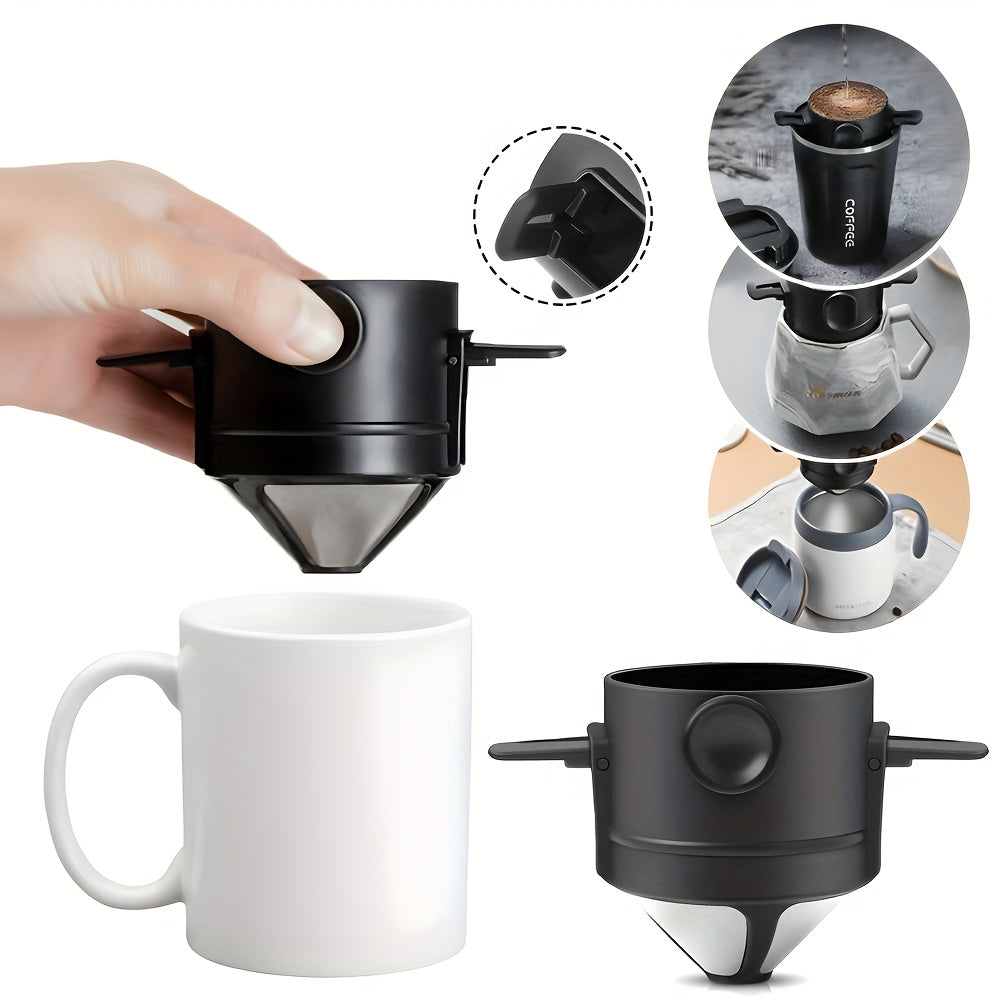 Black portable pour-over coffee dripper with a folding design and reusable stainless steel infuser, made from plastic materials, 1 piece