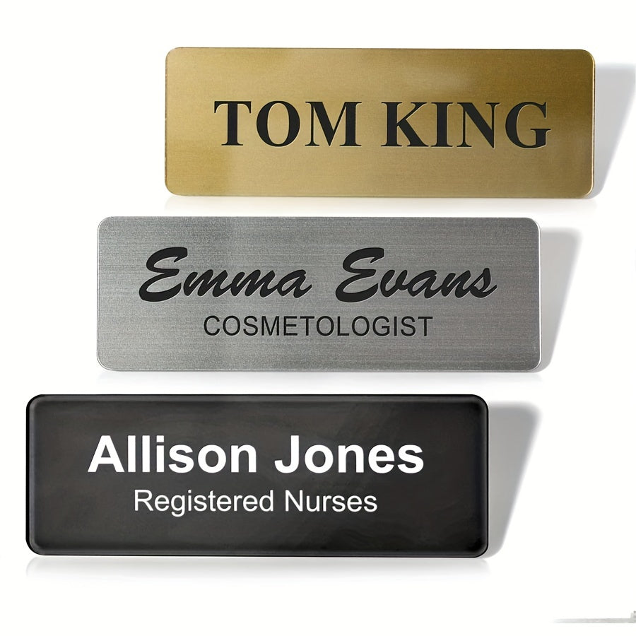 Customizable rectangular brooch featuring personalized logos and photos. Laser engraved with text on stainless steel for a unique and exquisite gift.