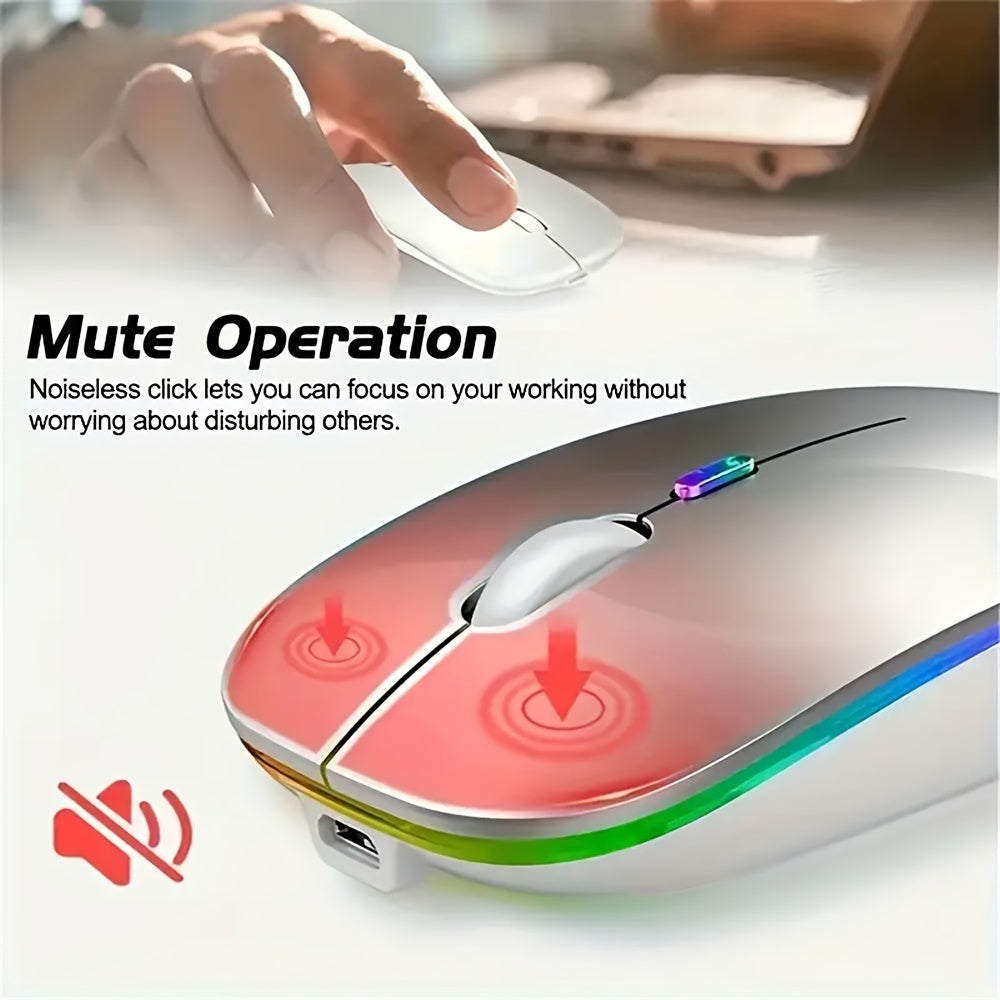 Rechargeable wireless gaming mouse with LED backlight, dual-mode 2.4G/5.2, slim design for laptops and desktops.