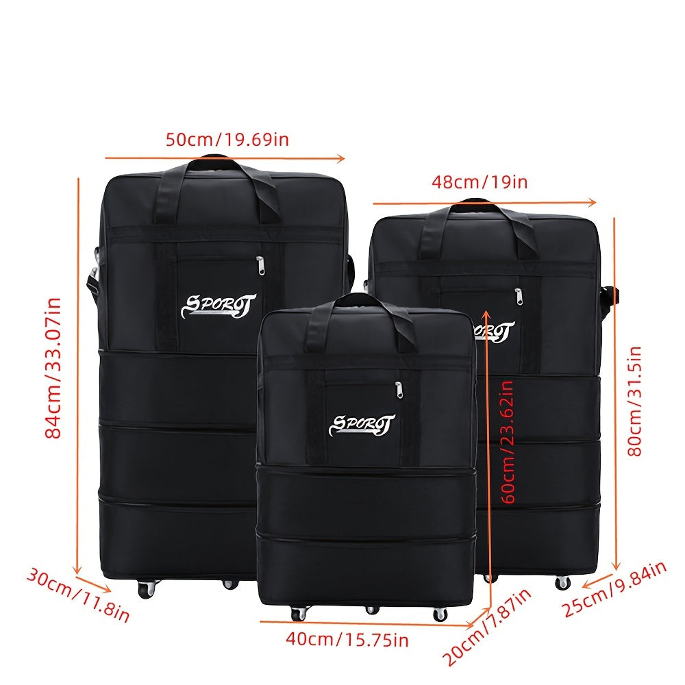 Hailong Palace Multilayer Wheeled Duffel Bag, Lightweight Nylon Folding Travel Trolley Suitcase with Interchangeable Tape, Hand Washable, Black