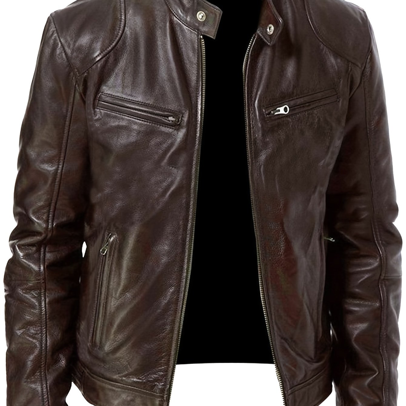 EX-STRECH Men's Slim Fit Motorcycle Jacket, Brown, Zippered Stand Collar, Multiple Pockets, Stylish & Functional for Casual Wear.