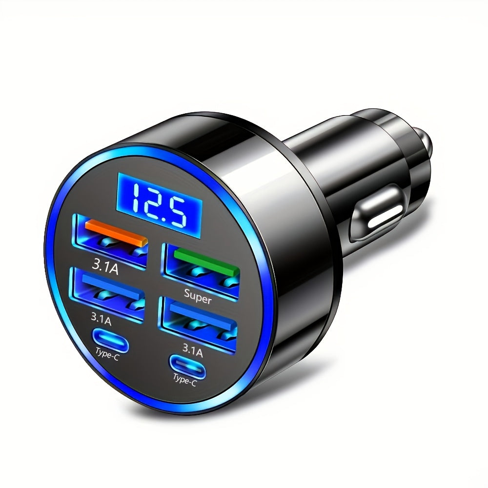 6-in-1 car adapter with fast charging capabilities for smartphones, tablets, and power banks, featuring dual Type-C ports and a digital display in a sleek black design.