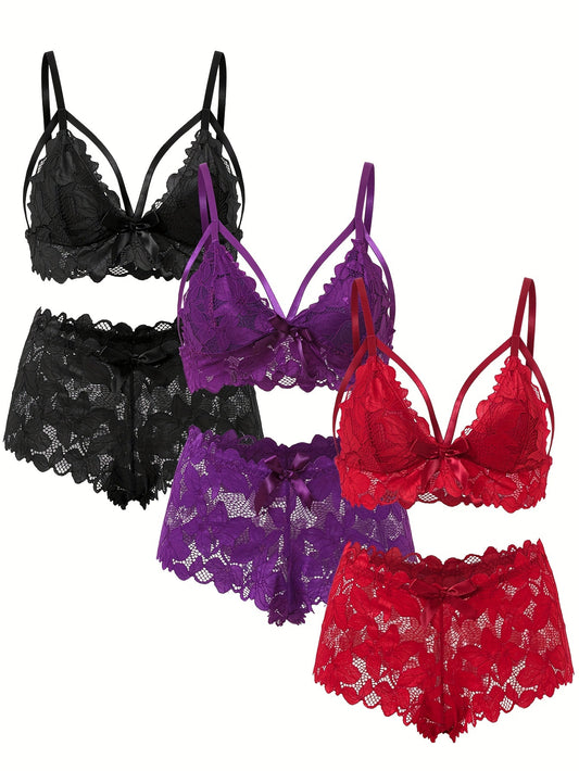 6-piece set of plus size sexy lingerie, featuring floral lace and scalloped trim with bow front. Includes strappy bra and panty.