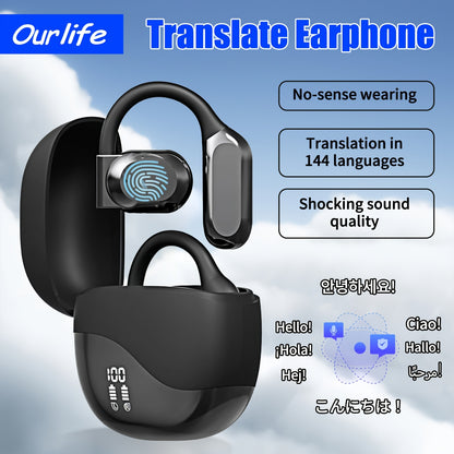 OURLIFE AI Translation Earbuds offer wireless, real-time interpretation in 144 languages with noise cancellation, touch control, condenser mic, and Type-C charging for business travel and