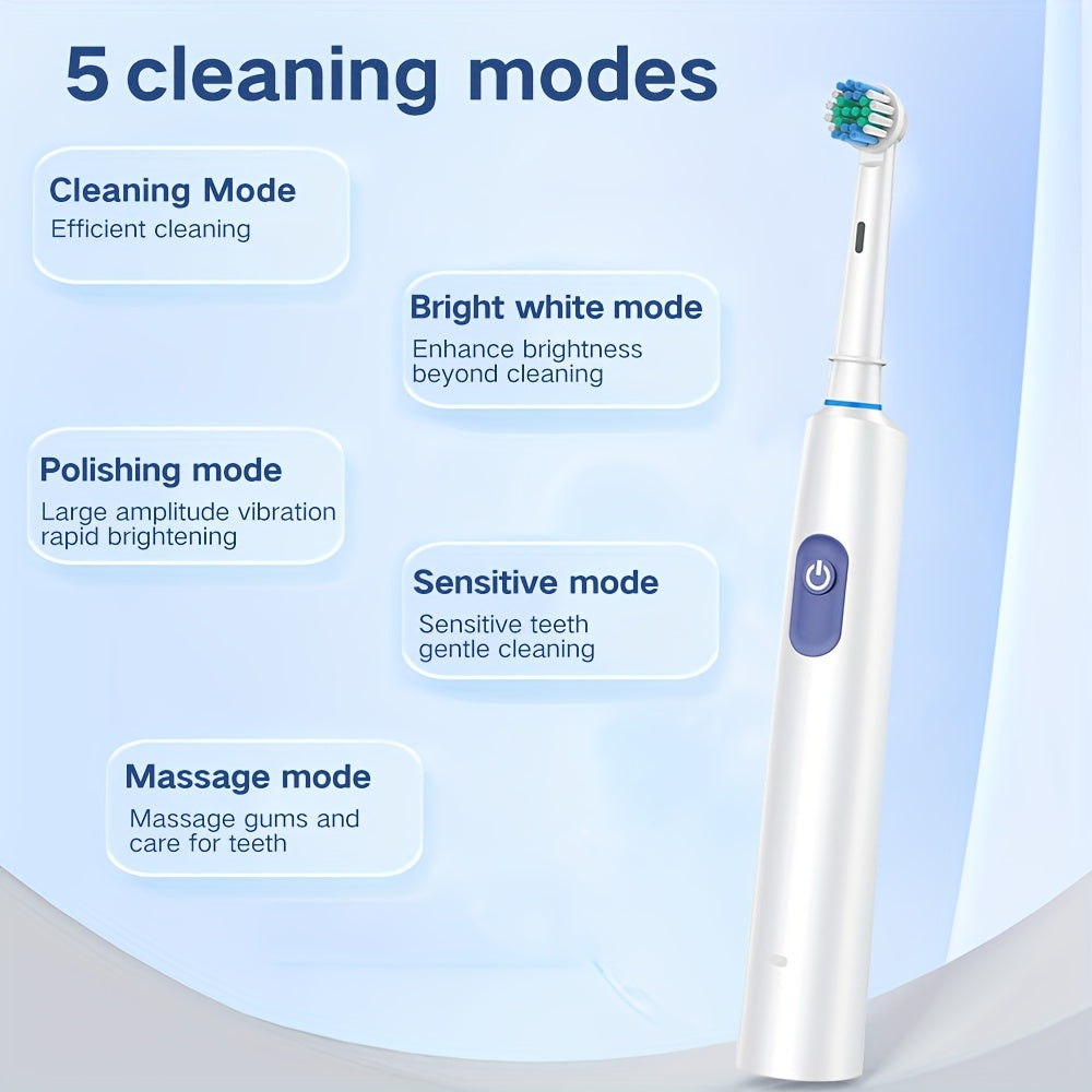 Round electric toothbrush with 8 brush heads, USB-C charging, 5 modes, including a super fast cleaning mode - great gift for family and friends.