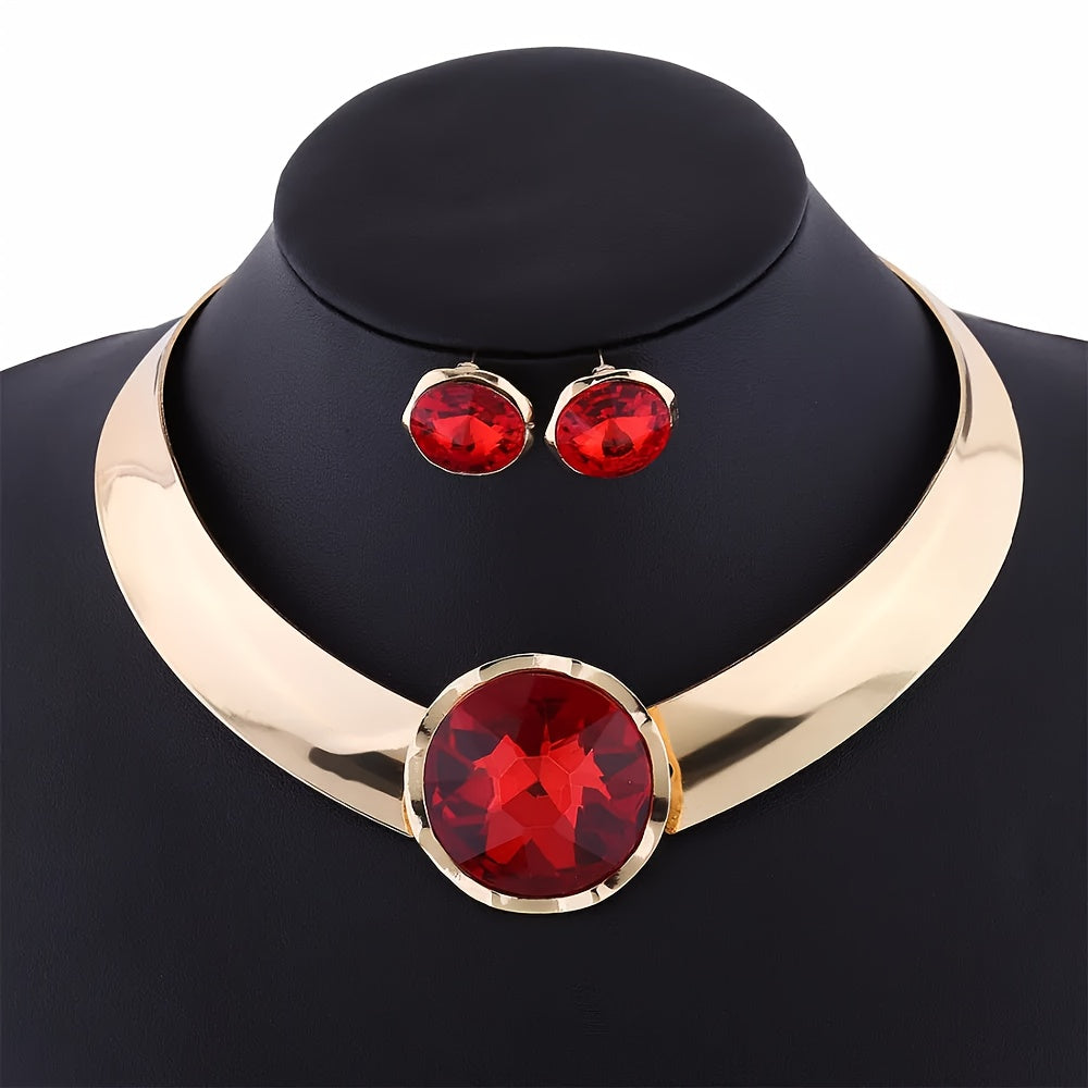 Stylish Jewelry Set Featuring Alloy Choker and Earrings Adorned with Synthetic Red Gemstones, Perfect for Women Looking for an Elegant and Simple Look. Ideal for Mardi Gras Day Parties, Music Festivals, or as Birthstone Jewelry for February. Can be Worn